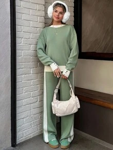 EURMUSE 女款鼠尾草綠寬鬆針織套裝 2 件組，白色對比滾邊毛衣搭配高腰針織長褲，舒適休閒居家服套裝，冬季衣物 - 綠色 - 查看 2
