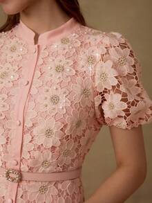 MOTF PREMIUM FLORAL EMBROIDERED STAND COLLAR PUFF SLEEVE FITTED WAISTBAND MID-CALF DRESS - Pink - View 3