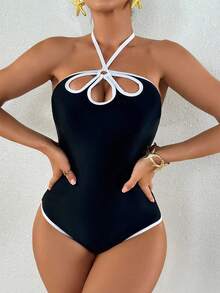 Shapewave 1pc Women's Halter Hollow Floral Petal One-Piece Swimsuit - Black and White - View 6