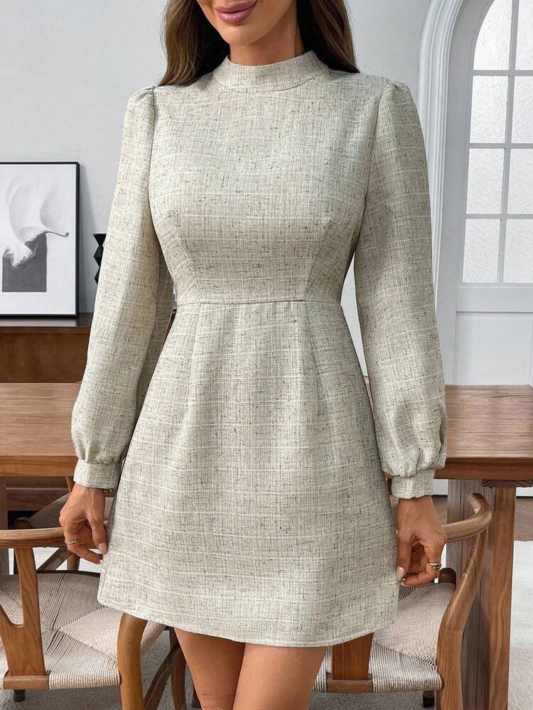 Damen Stehkragen Puffärmel Lässig Kurzkleid