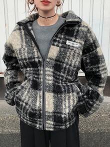 FRIFUL Women's Plaid Warm Drop Shoulder Casual Zip-Up Jacket Oversized Jacket Plaid Jacket Winter Coat Grey Jacket Checkered Jacket