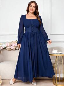 Modelyn Plus Size Solid Color Square Neck Fashion Tie-Waist Pleated Dress - Navy Blue - View 6