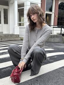 ATUI Studio 女式休闲纯色麻花针织纽扣上衣，秋季 - 灰色 - 查看 3