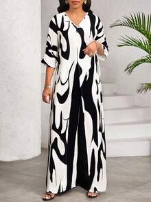 SHEIN Lady Women's Casual V-Neck Long Split Top And Pants 2 Pieces Set - Black and White - View 6