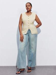 Maija Plus Size Women's Casual Solid Color Front Button Sleeveless Knit Top, Business Casual Urban Commuter Office Wear, Teacher Sweater Vest Cardigan Fall Autumn Back To School Homecoming Modest Vintage Women Old Money Teacher Romantic, Fashion, Versatile; Comfortable, Stylish, Elegant, Casual, Simple Daily Wear