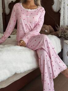 CottageSlumber 2pcs Bow & Lace Trim Decor Round Neck Top & Pants Pajama Set, Fall Clothes Women Pajama Set Pink Pajama Set Cherry Pajama Set Bow Pajama Set Vintage Pajama Set  Cozy And Elegant Details