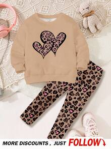 SHEIN 年轻女孩豹纹心形图案休闲圆领长袖运动衫和紧身裤两件套，适合秋冬季 - 彩色 - 查看 3