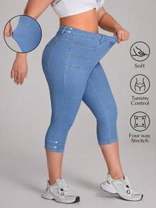 Flexra Damen Capri-Hose in Große Größen aus blauem Denim mit Gummizug, Lässig - Helle Waschung - Übersicht 1