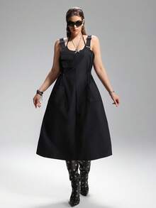 LYSMO 秋冬大码黑色背带连衣裤连衣裙 - 黑色 - 查看 4