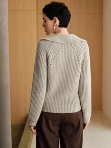 Uhlyne Uhlyne Women's Grey Pullover Sweater,Elegant Raglan Long Sleeve Loose Knit Top,Casual Solid Color Minimalist Autumn Work Clothes For Daily Commute,Winter - Khaki - View 3