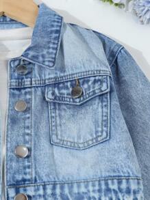 Girls' Street Chic Fashionable Metal Buckle, Symmetrical Pocket Classic Denim Blue Washed Casual Minimalist All-Season All-Match Versatile Collegiate Style Denim Jacket Fall Winter