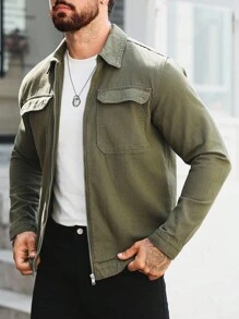 Manfinity Homme Military Green Fitted Washed Denim Jacket With Large Pockets, Casual For Spring/Summer Men Zip Up Shirt Y2K Acid Washed For Slim-Fit - Army Green - View 6