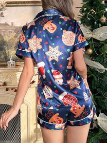 SHEIN 仿丝圣诞图案印花翻领短袖短裤睡衣套装 - 藏蓝色 - 查看 2