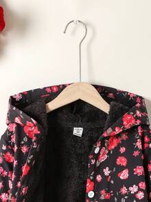 SHEIN Vintaside Kids Chaqueta acolchada con capucha de felpa vintage con estampado floral de longitud media para niña preadolescente, apta para otoño/invierno, vacaciones, verano y viajes - Negro - Ver 5