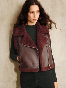 Anewsta Women's Red Short Lapel Sleeveless Fitted Faux Fur Vest Jacket, New Year & Christmas - Burgundy - View 5