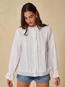 Fall/Winter Romantic Women's White Lace Stitching Front Button Collar Elegant Office Long Sleeve Shirt, Casual & Comfortable For Birthday & Holiday Party & Sweet Date & Daily Commuting & Vacation,Fall Versatile,Fall Shirt For Women,Autumn Clothes - White - View 6