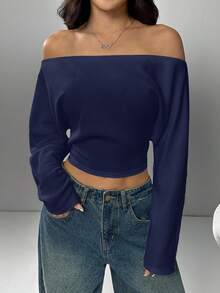 SHEIN EZwear 大码休闲纯色露肩短款运动衫 - 藏蓝色 - 查看 1