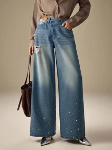 Selenza Jeans casuales de pierna recta con adornos de strass elegantes - Azul - Ver 6