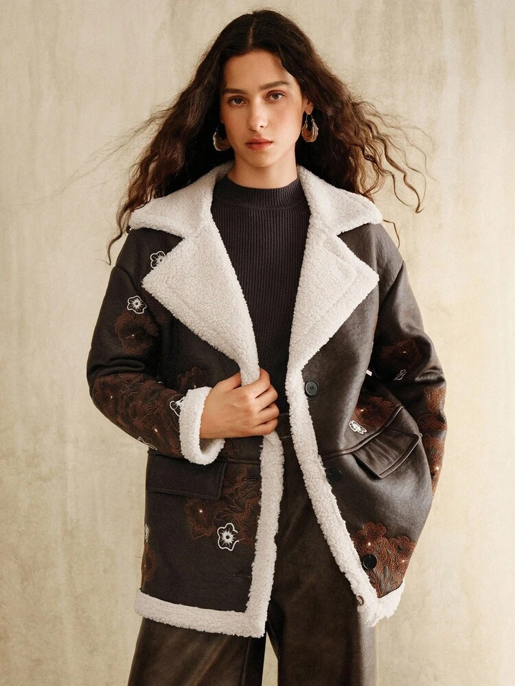 Jaqueta de Fleece Bordada Vintage Feminina, Outono/Inverno