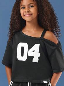 SUMWON Off Shoulder Varsity Crop Top And Shorts Sportswear Matching Set With Number Print Summer Loungewear Co Ord Two Piece Outfit