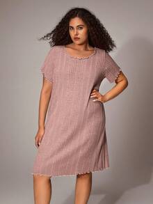SHEIN Plus Size Women Knit Casual Ribbed Ruffle Trim Round Neck Short Sleeve Nightgown - Dusty Pink - View 1