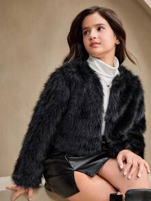 SHEIN Elladie kids Tween Girl Cropped Fluffy Fuzzy Coat, Elegant And Cute, Autumn/Winter - Black - View 1