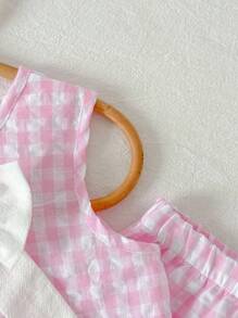 Cozy Pixies 2pcs Baby Girl Colorblock Floral Trim Crew Neck Sleeveless Cardigan Top And Elastic Waist Pants Set Fall - Pink - View 5