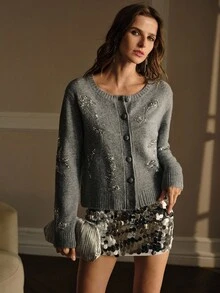 MOTF PREMIUM 对比亮片纽扣开衫 - 灰色 - 查看 5