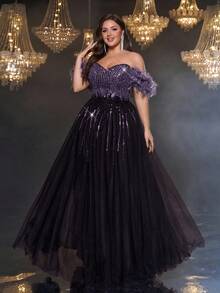 Glamrae Váy xòe tay bồng thiết kế lưới kim sa màu tím đậm hở vai thanh lịch sang trọng lãng mạn cỡ lớn, phù hợp cho tiệc tối, vũ hội, tốt nghiệp, lễ hội âm nhạc, đám cưới, dịp trang trọng (trang trí đậm) - Màu tím - Xem 6