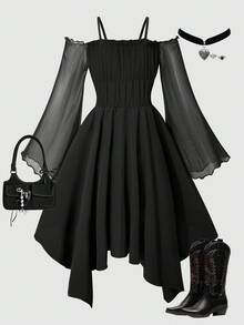 SHEIN Vestito elegante a maniche lunghe per ragazze pre-adolescenti, con patchwork in pizzo e rete, di colore unito, per Ognissanti