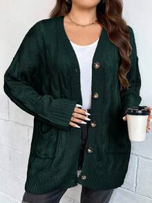 EURMUSE Plus Size Casual Solid Color Front Button Textured Knit Cardigan, Autumn/Winter - Dark Green - View 1