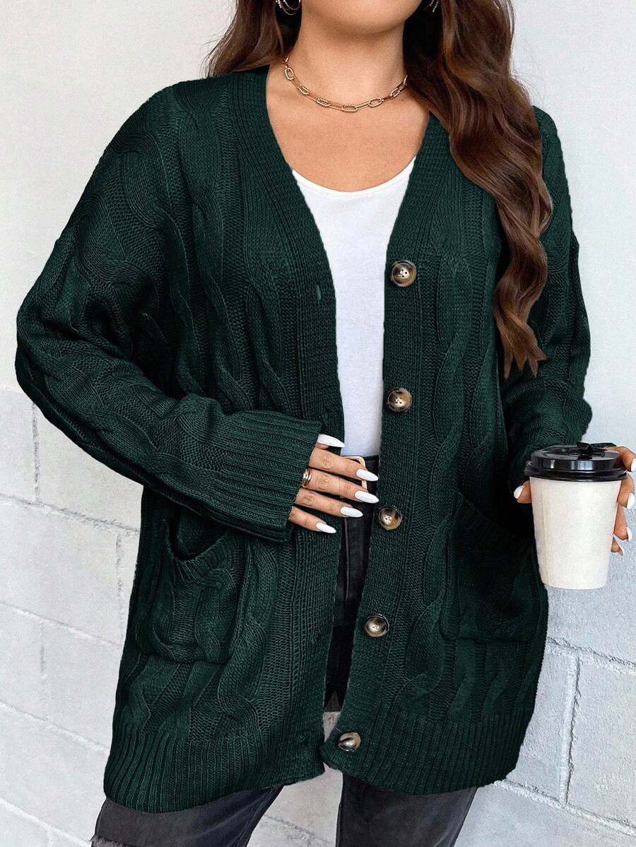 EURMUSE Plus Size Casual Solid Color Front Button Textured Knit Cardigan, Autumn/Winter - Dark Green - View 1