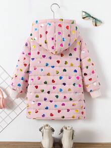 SHEIN 女童拉链连帽毛绒衬里棉衣 女童外套 儿童女童外套 儿童女童冬季夹克 儿童黑色外套 - 粉色 - 查看 2