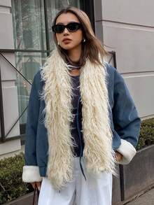 DAZY Patchwork Fur Collar Loose Fit Thick Casual Street Wear Padded Coat, Autumn/Winter Jacket - Blue - View 7