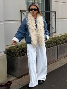 DAZY Patchwork Fur Collar Loose Fit Thick Casual Street Wear Padded Coat, Autumn/Winter Jacket - Blue - View 8