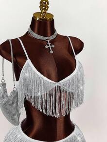 Amplova Silver Glitter Suspender Tassel Top And Shorts Set - Silver - View 6