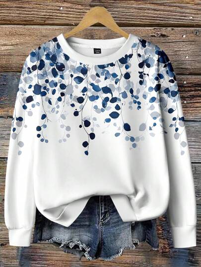 Mellowie Plus Size Women Casual Plant Print Crew Neck Long Sleeve Sweatshirt, Autumn,Fall Clothes For Women