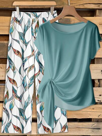 Mellowie 2pcs Women Casual Minimalist Green Bow Tie Shirt & Loose Straight Geometric Print Pants Set, Suitable For Early Autumn