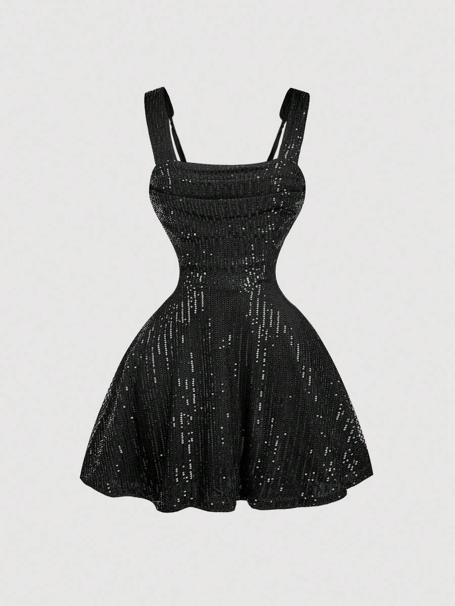 SHEIN MOD Sequin Contrast Mesh Black Party Dress - Black - View 1