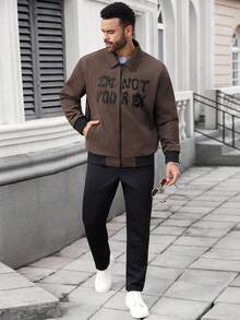 Manfinity Homme Plus Size Men's Letter Print Zip-Up Street Style Jacket, Autumn Mens Mocha Bomber Jacket Men Zip Up Jacket Men Graphic Jacket Brown Jacket Men Fleece - Brown - View 3