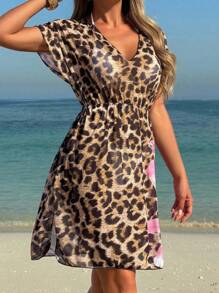 Swim Lushoire 2025 Women Leopard & Floral Print Short Sleeve Loose Dress, Summer Vacation