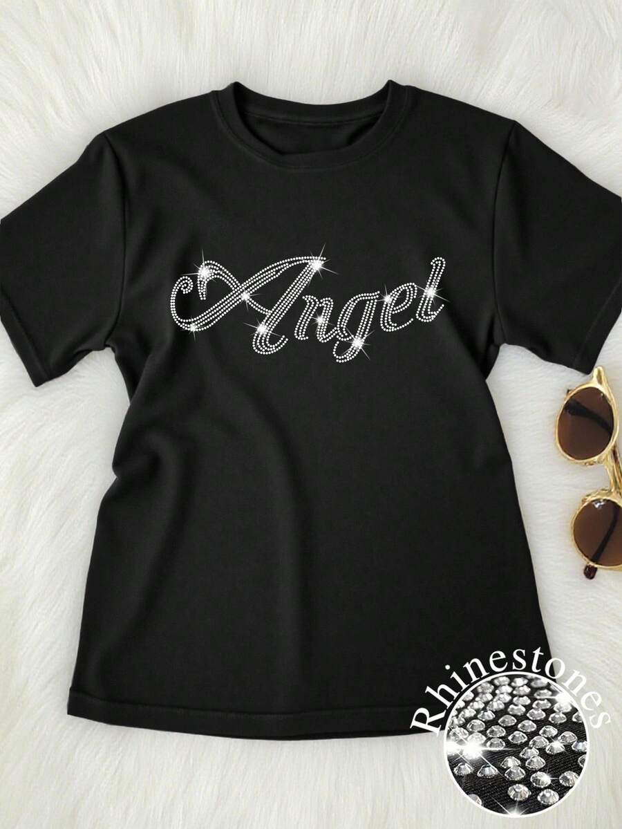 INAWLY 加大码女式天使水钻闪光图案 T 恤，圆领短袖休闲美观上衣，适合夏季外出 - 黑色 - 查看 1