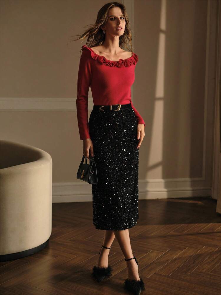 BOAT NECK STEREO FLOWER DETAIL SLIM FIT SWEATER