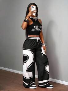 Slaydiva 2025新款夏季休闲截图性感运动风球服圆领工字背心口号Logo白色字母印花截角红色背心+阔腿裤长裤23号红色迷彩条纹印花梭织裤女士两件套套装-B - 黑色 - 查看 6