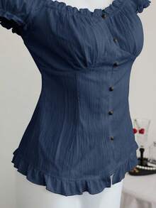 SHEIN Unity 白色性感单肩泡泡袖荷叶边修身衬衫，显瘦，适合春夏度假穿着