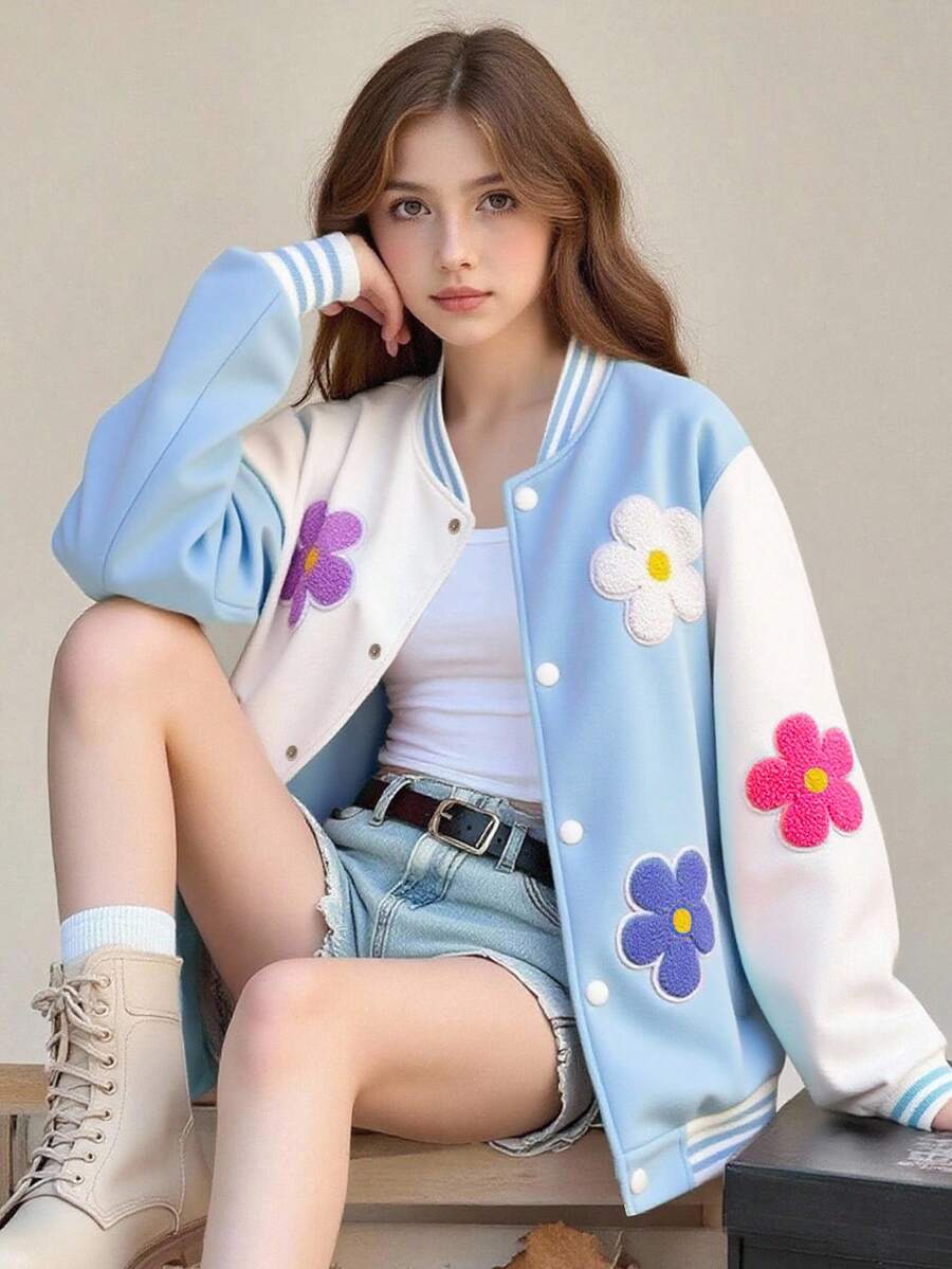 SHEIN Girls' Casual Colorful 3D Floral Contrast Color Baseball Jacket, Spring/Autumn Fall Winter - Blue - View 1