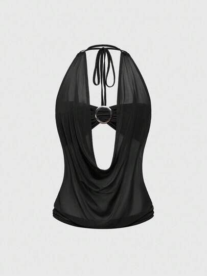 Hippie Women's Y2K Retro Deep Draped Neck Backless Street Style Strapless Tank Top (Includes Tube Top Lining)