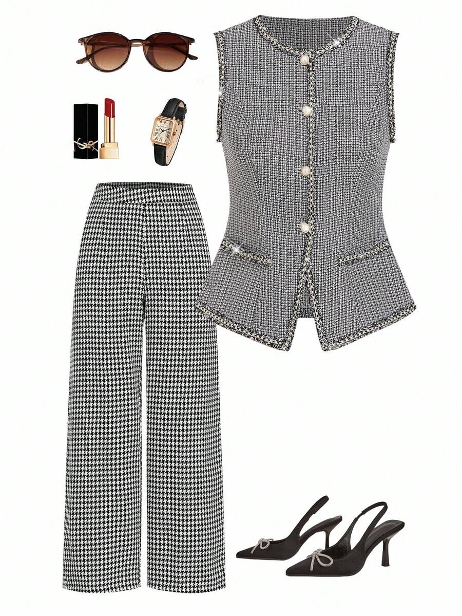 Ellevyn Women's Elegant Sleeveless Round Neck Black & White Ribbon Pearl Button Blouse