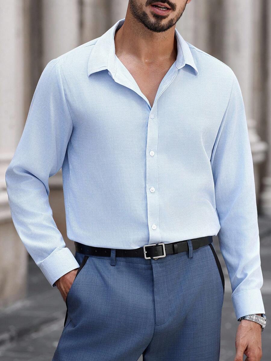 Manfinity Bizformal قميص رجالي بأكمام طويلة وأزرار أمامية واحدة، قميص كاجوال/عمل بفضفاضة، لون أزرق فاتح، قميص أزرق سماوي، قميص أزرق فاتح، قميص رسمي للرجال، قمصان كاجوال للعمل، للخريف - متعدد الألوان - مشاهدة 1