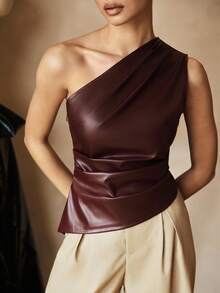 SHEIN X Belinda Siren Gaze 勃艮第酒红色单肩褶皱 PU 女式上衣，褶皱腰修身女式上衣